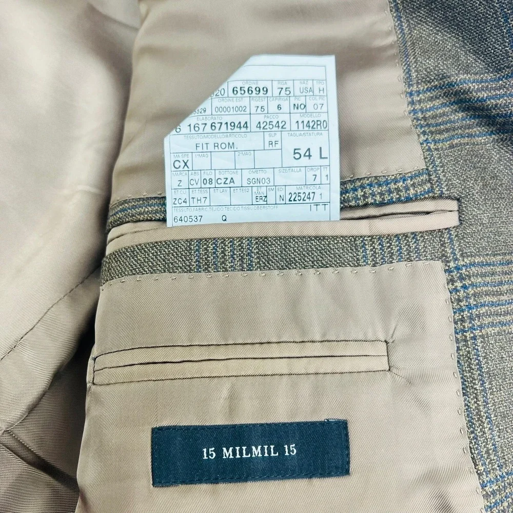 Ermenegildo Zegna Brown & Blue Glen Plaid 3 Button 2 Vent Blazer Mens Size‎ 44L